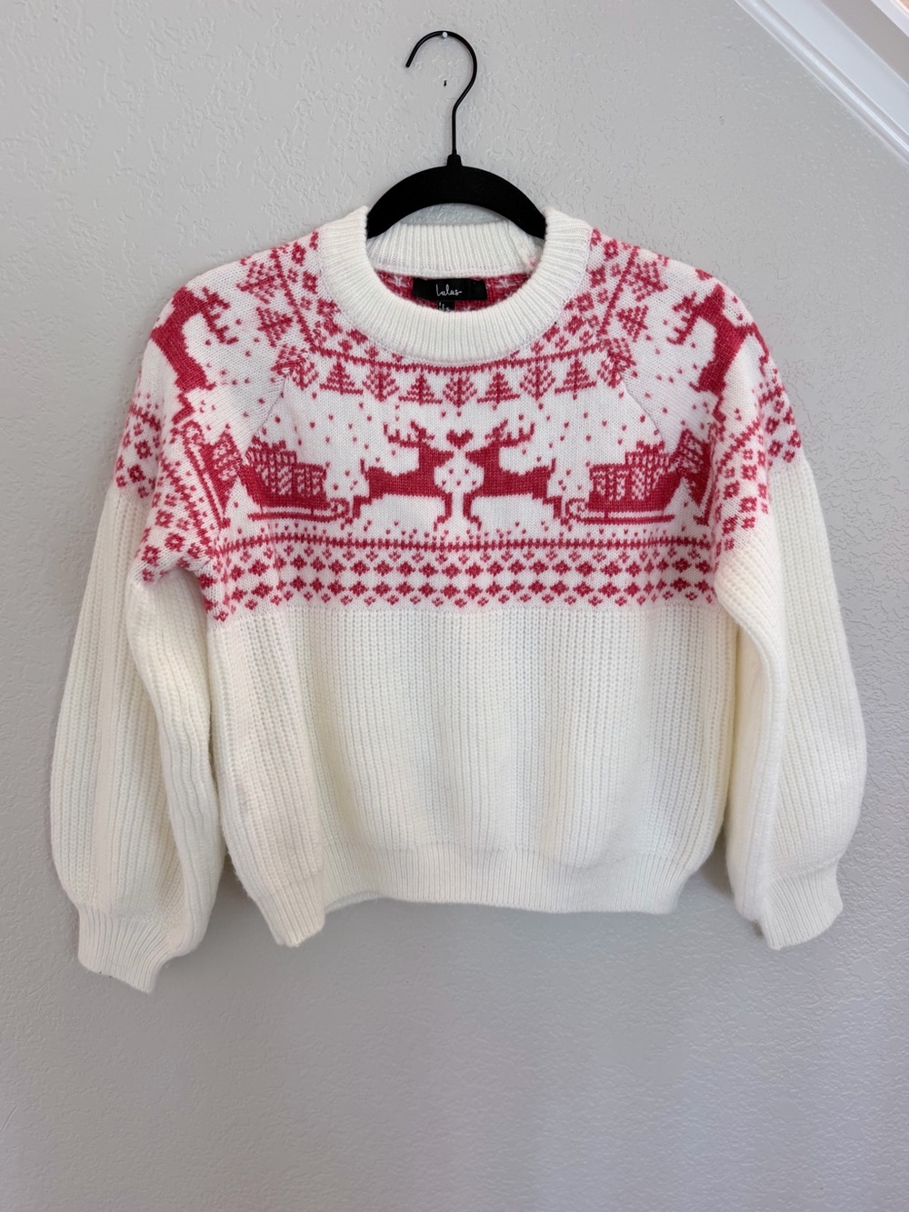 Lulus Fair Isle Reindeer Sweater — Ivory & Red, Balloon Sleeve, Size S
